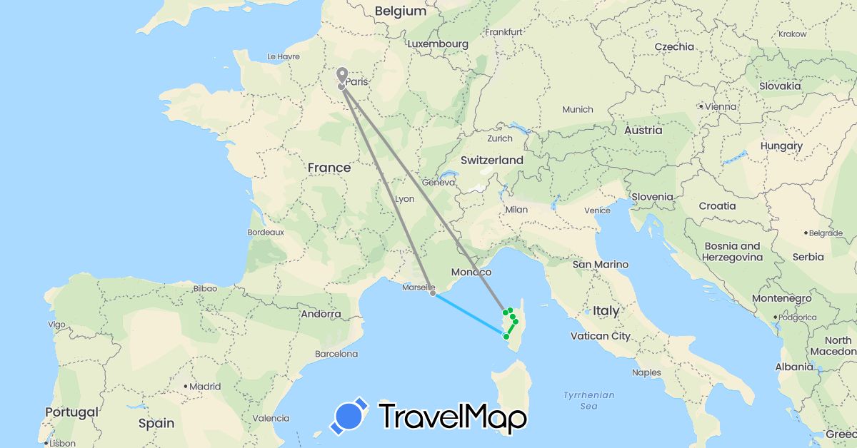 TravelMap itinerary: bus, plane, boat in France (Europe)